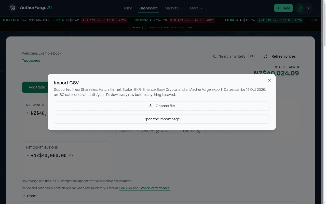 Example: the Import CSV panel where a broker file is chosen and previewed before anything is saved.