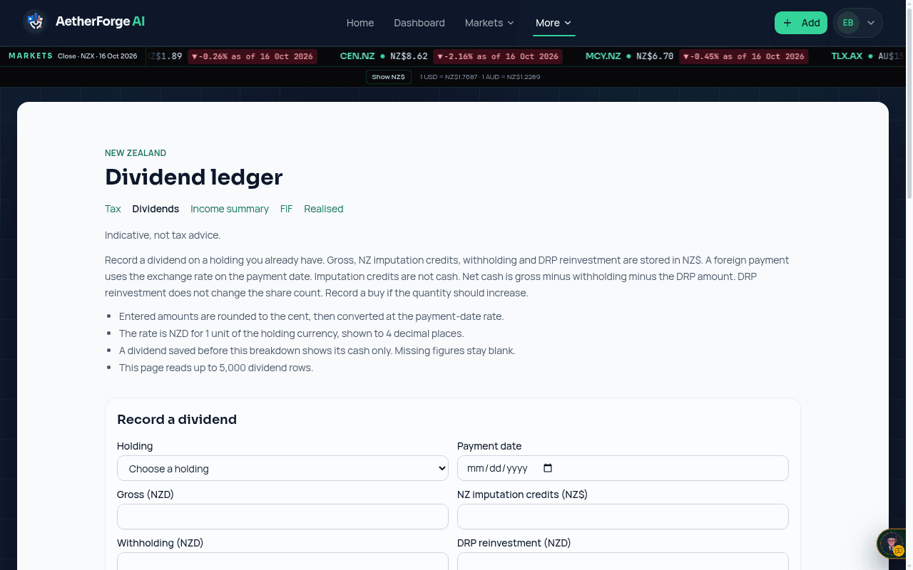 Example: the Dividend ledger page under Tax, listing each dividend with gross, tax withheld and net.