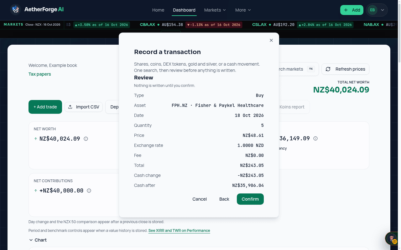 Example: the Record a transaction review screen for a buy, showing quantity, price, fee and cash before and after.
