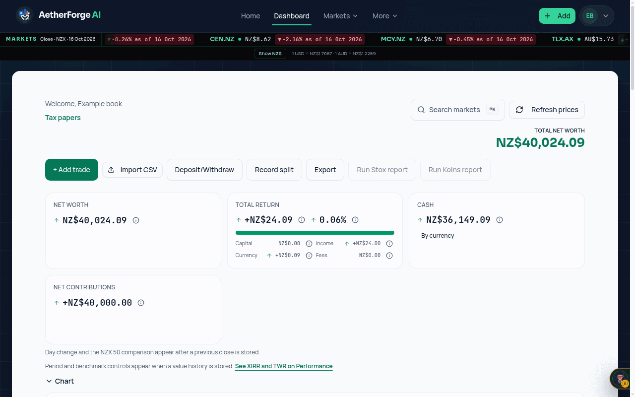 Example: the dashboard action row with the Run Stox report and Run Koins report buttons.
