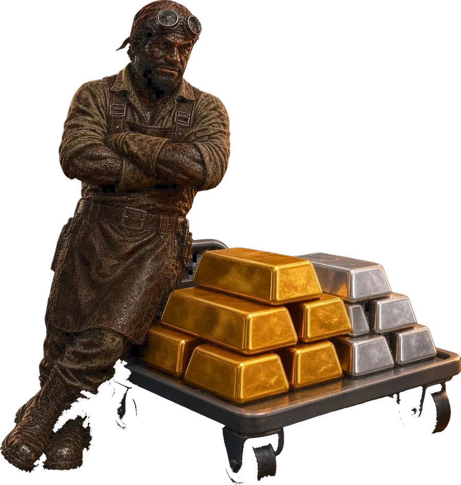 Smitty leaning on a stack of gold bars